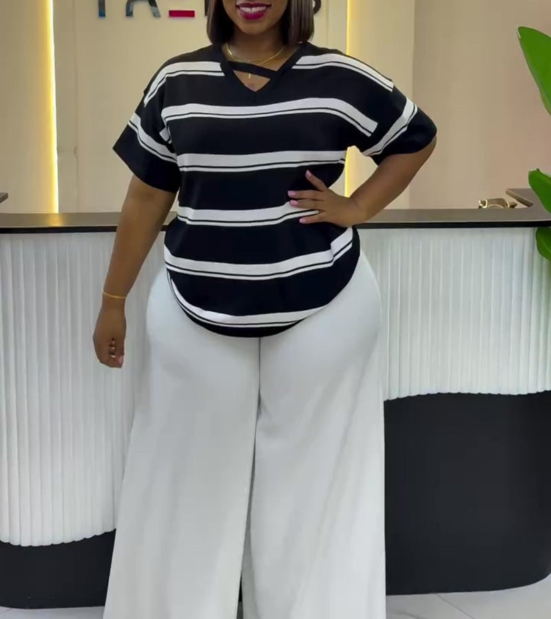 Striped Cutout Neck Oversized Top