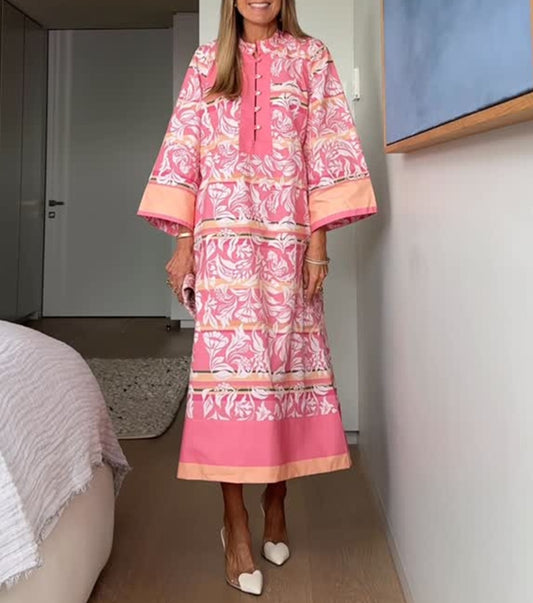 Floral Print Half-Button Stand Collar Loose Dress