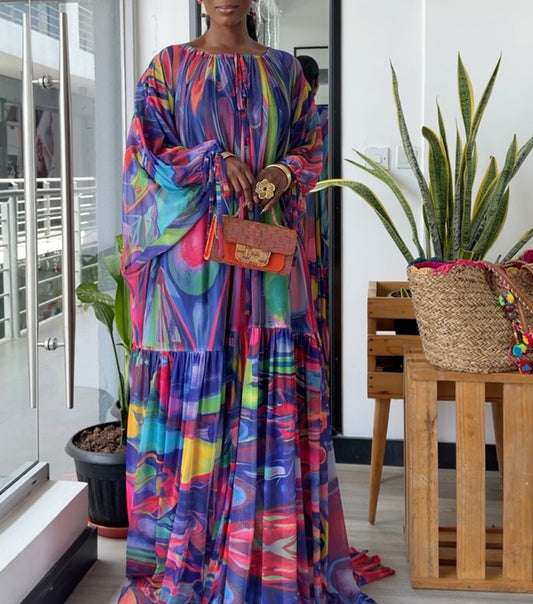 Rainbow Swirl Tiered Flowy Maxi Dress