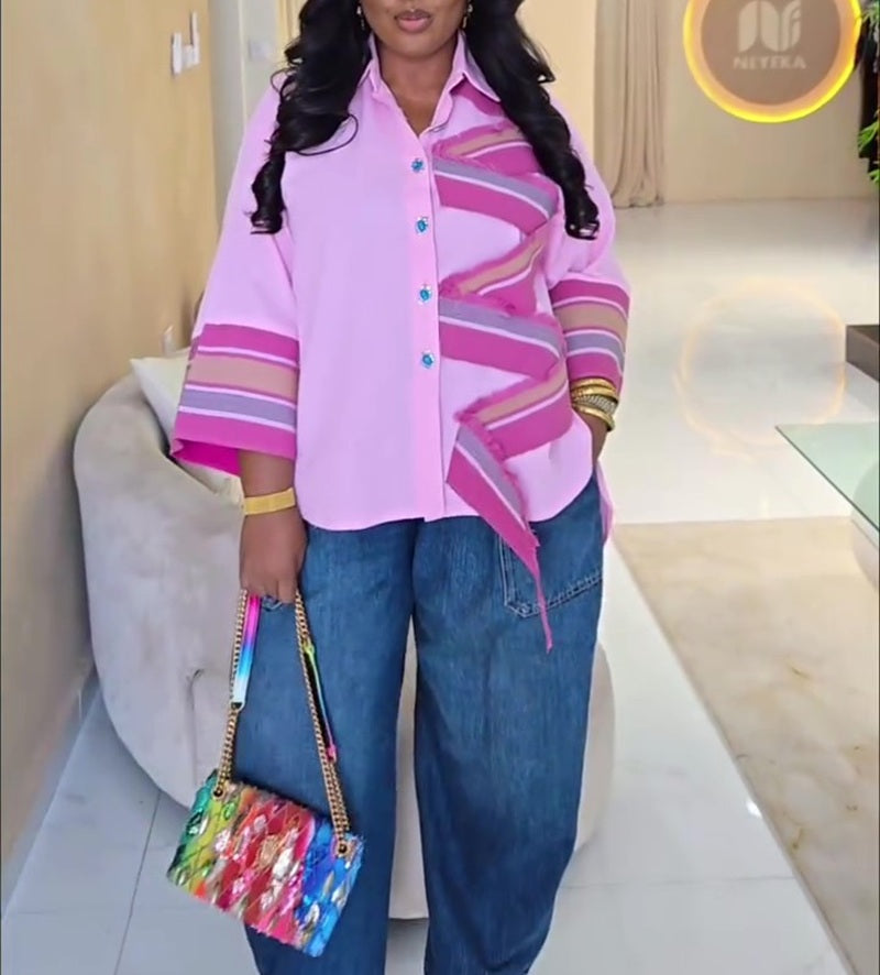 Fuchsia Stripe Patchwork Oversized Shirt