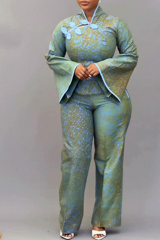Oriental Inspired Tie-Dye Flare Sleeve High Waist Pants Suit