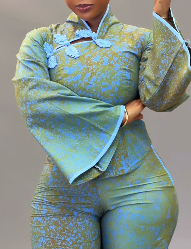 Oriental Inspired Tie-Dye Flare Sleeve High Waist Pants Suit
