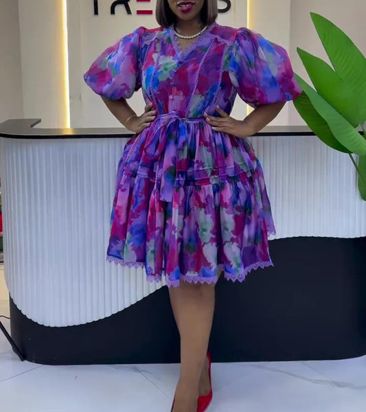 Watercolor Floral Lace Puff Sleeve Tiered Mini Dress