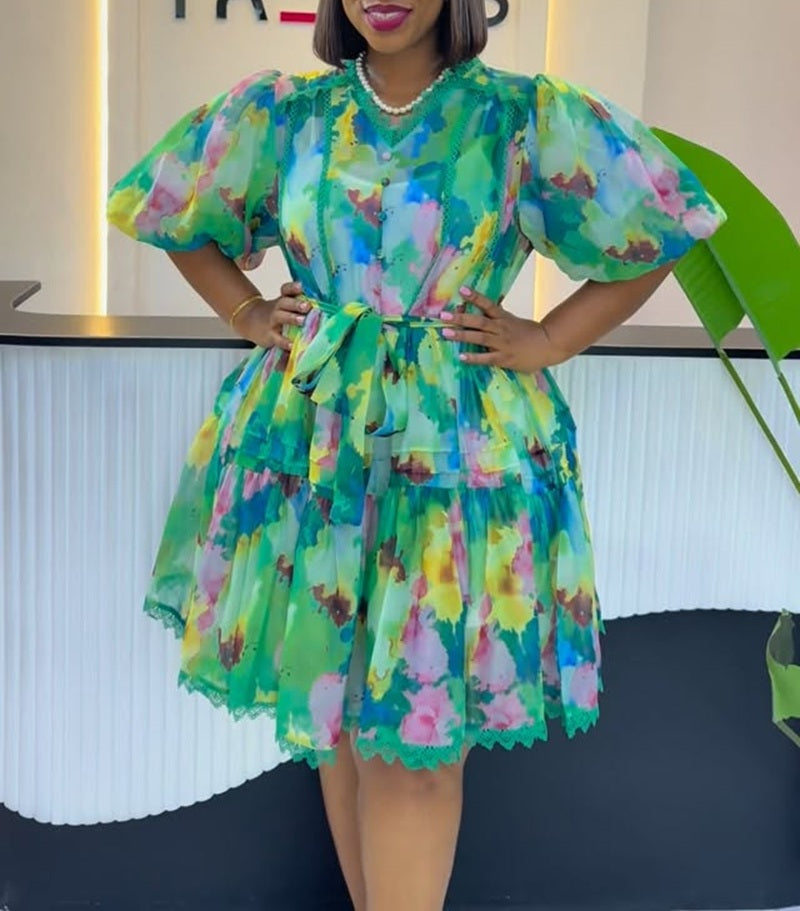 Watercolor Floral Lace Puff Sleeve Tiered Mini Dress