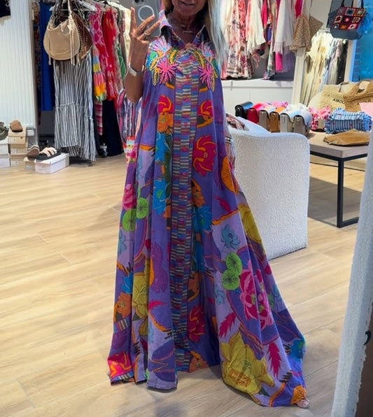 Floral Embroidered Button-Down Maxi Shirt Dress