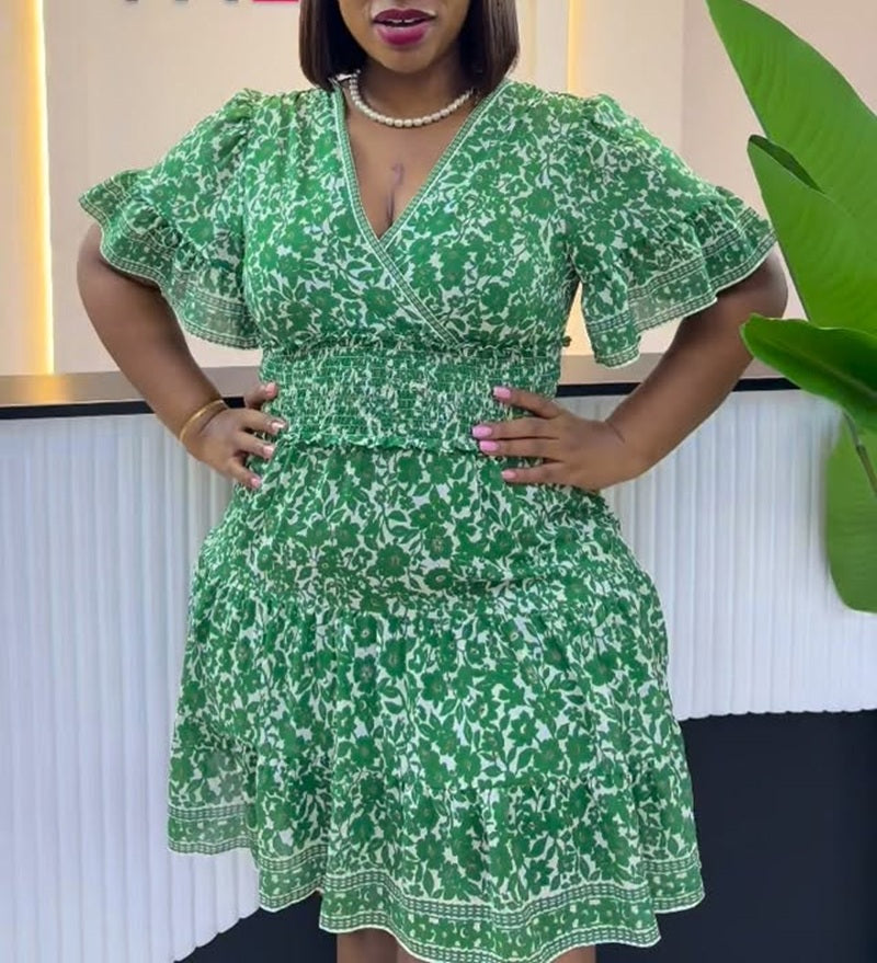 V-Neck Ruffle Sleeve Smocked Waist Floral Dress