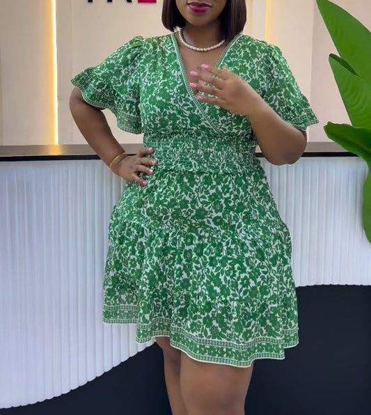 V-Neck Ruffle Sleeve Smocked Waist Floral Dress