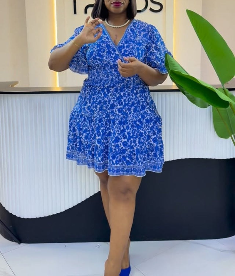 V-Neck Ruffle Sleeve Smocked Waist Floral Dress