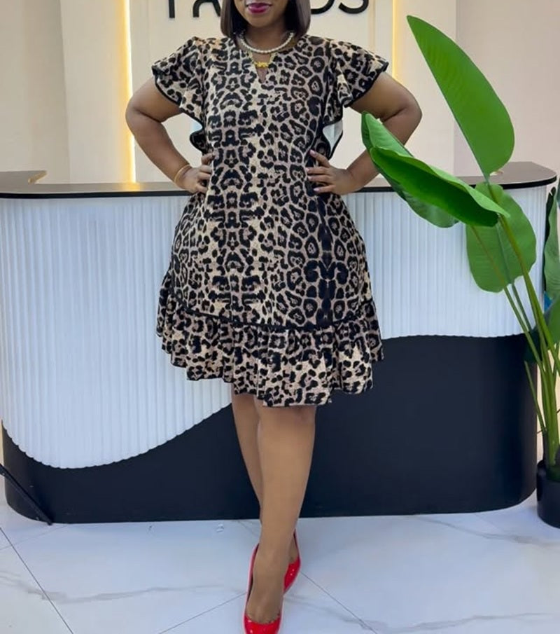 Leopard Print Ruffle Sleeve Tiered Mini Dress