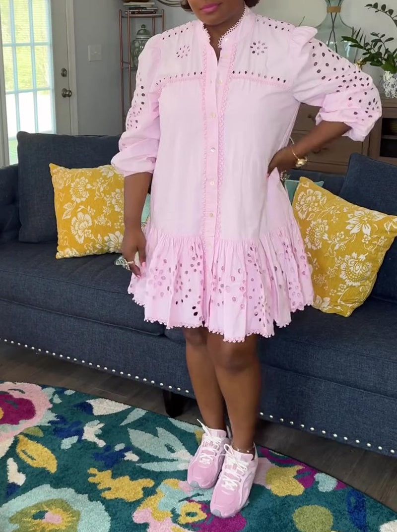 Sweet Pink Eyelet Ruffle Hem Dress