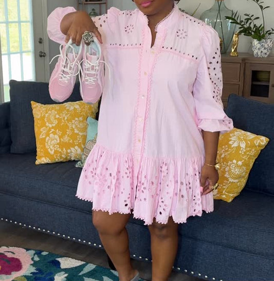 Sweet Pink Eyelet Ruffle Hem Dress