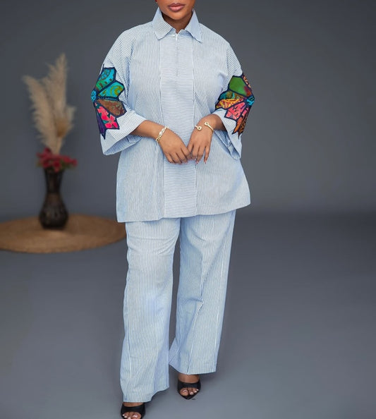 Ankara Flower Patchwork Striped Two-Piece Set