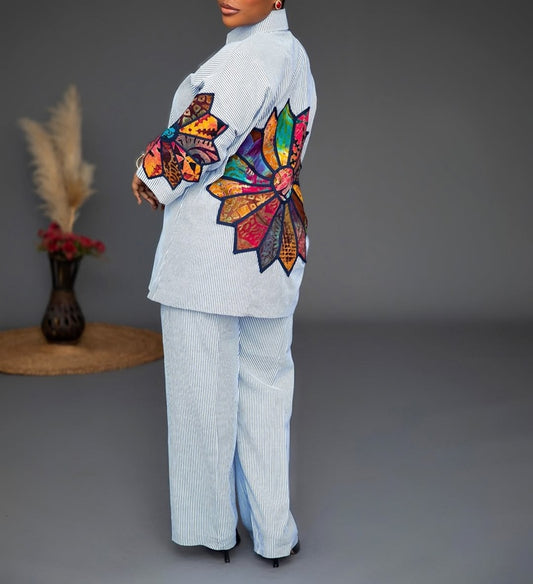Ankara Flower Patchwork Striped Two-Piece Set