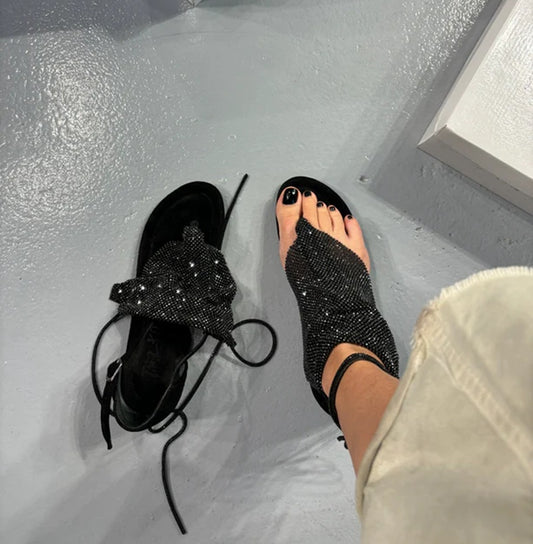 Crystal Mesh Ankle Wrap Toe-Thong Sandals