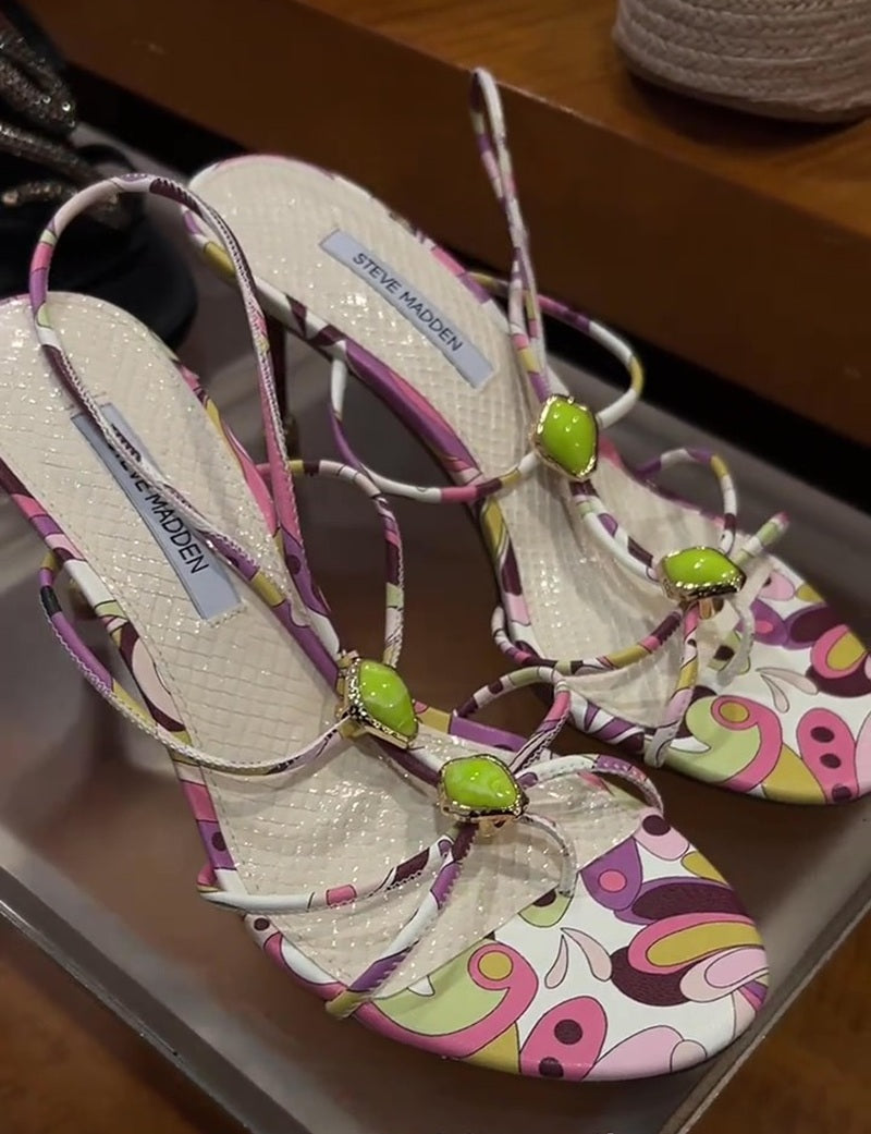 Retro Print Green Gem Slingback Heel Sandals