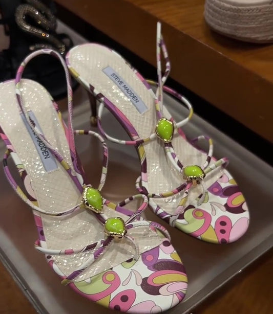 Retro Print Green Gem Slingback Heel Sandals