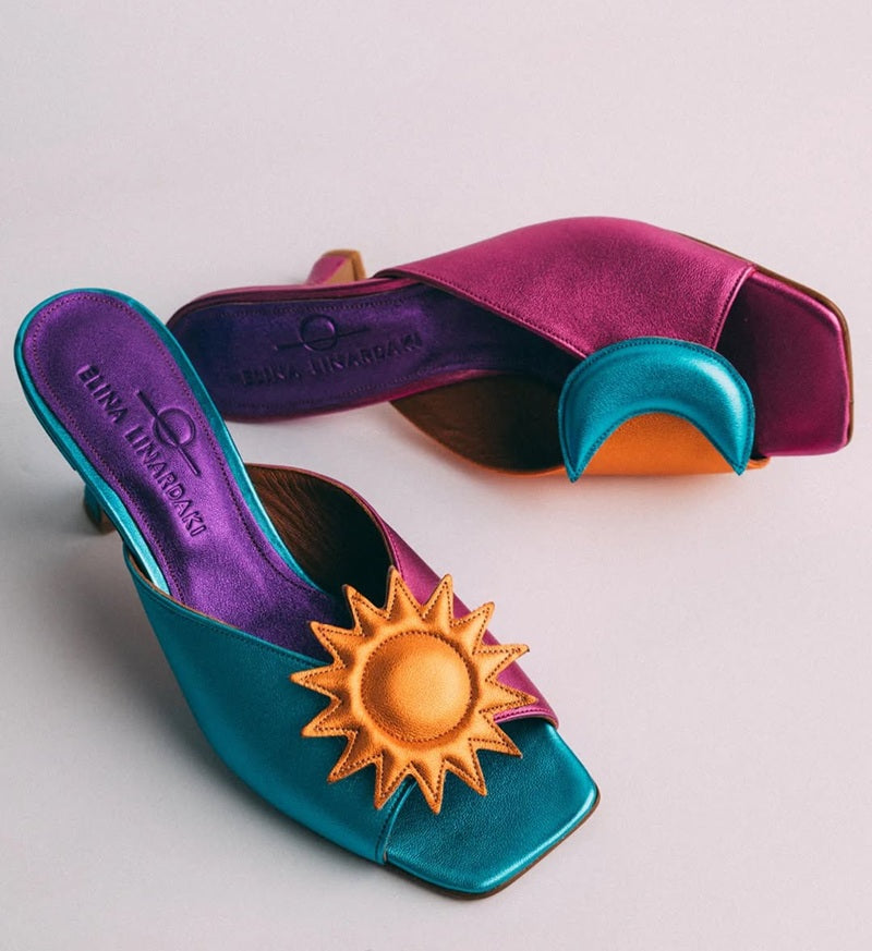 Asymmetric Sun & Moon Color-Block Satin Heeled Mules