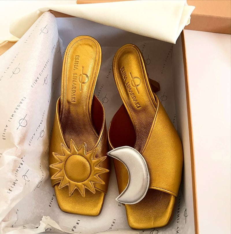 Asymmetric Sun & Moon Color-Block Satin Heeled Mules