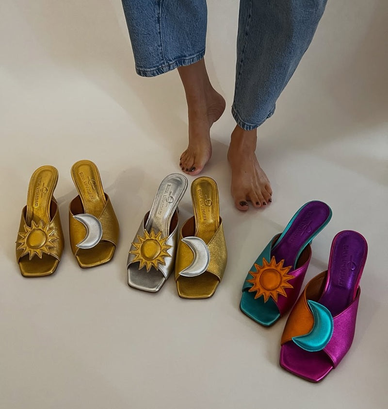 Asymmetric Sun & Moon Color-Block Satin Heeled Mules