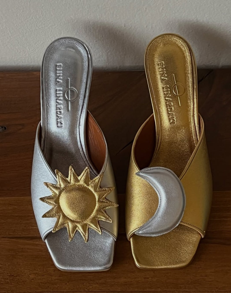 Asymmetric Sun & Moon Color-Block Satin Heeled Mules