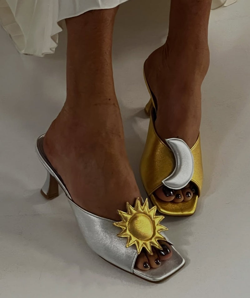 Asymmetric Sun & Moon Color-Block Satin Heeled Mules