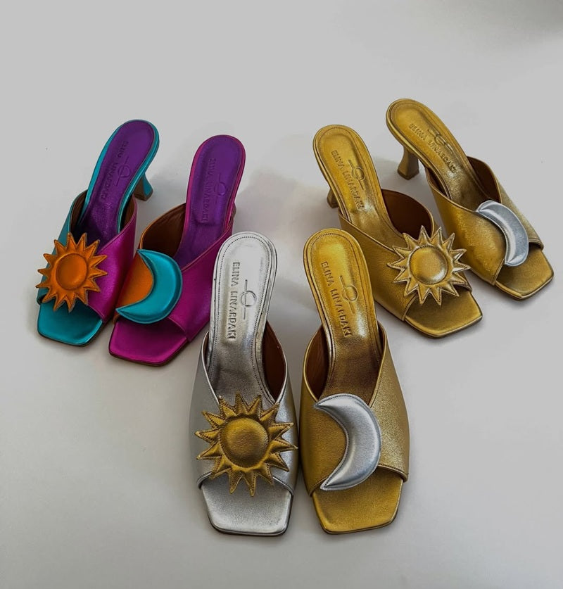 Asymmetric Sun & Moon Color-Block Satin Heeled Mules