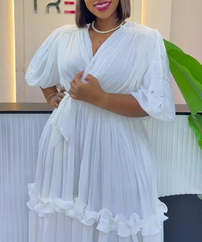 Lace Puff Sleeve Pleated Waist Tie Maxi Dress