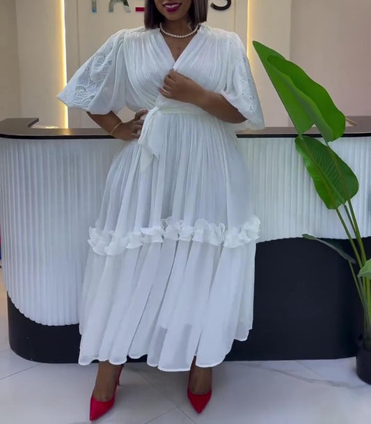 Lace Puff Sleeve Pleated Waist Tie Maxi Dress