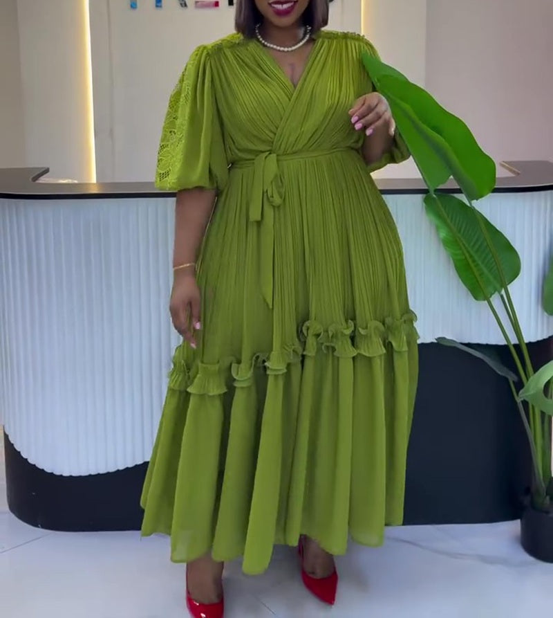 Lace Puff Sleeve Pleated Waist Tie Maxi Dress