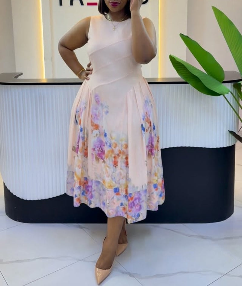 Pink Floral Print Sleeveless Midi Dress