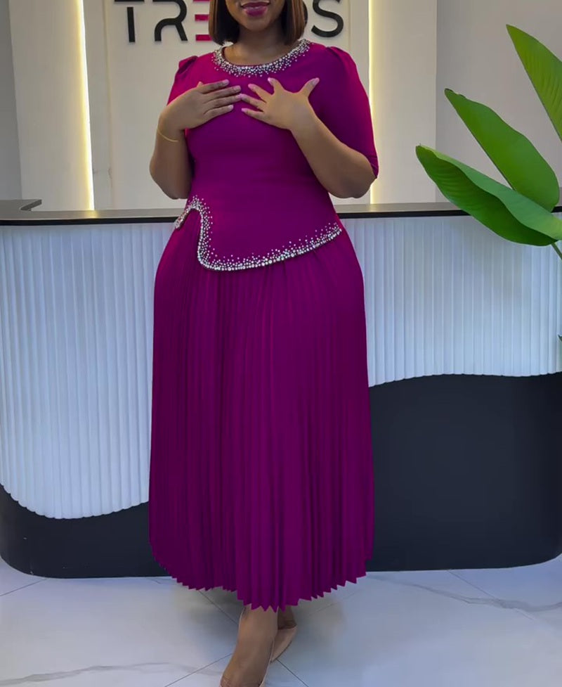 Beaded Waist Accent Pleated Formal Dress