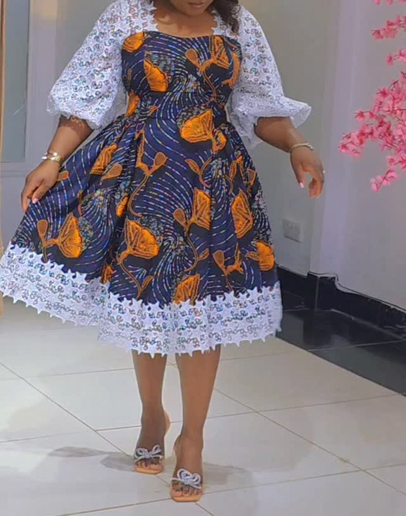 Floral Print Square Neck Lace Trim Flared Dress