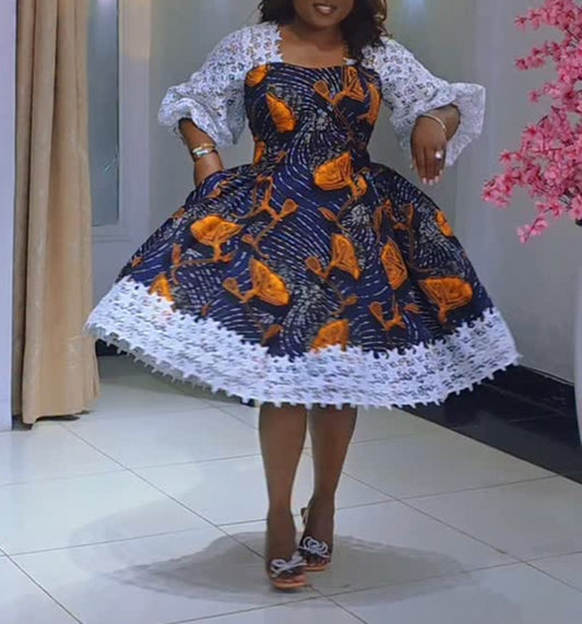 Floral Print Square Neck Lace Trim Flared Dress