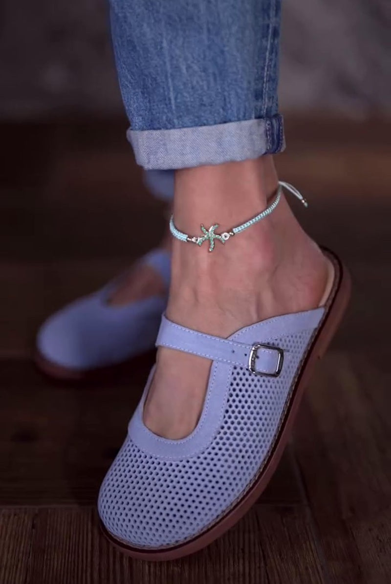 Mesh Buckle Strap Flat Mule Sandals