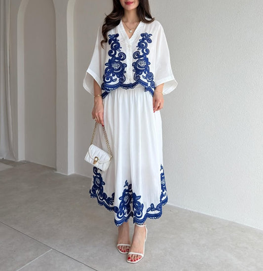 Elegant Floral Embroidered Linen Two Pieces Dress