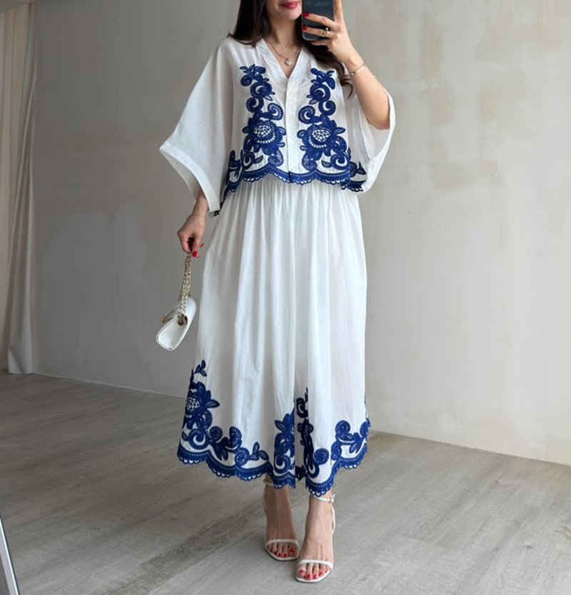 Elegant Floral Embroidered Linen Two Pieces Dress