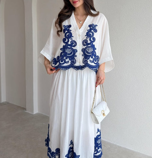 Elegant Floral Embroidered Linen Two Pieces Dress