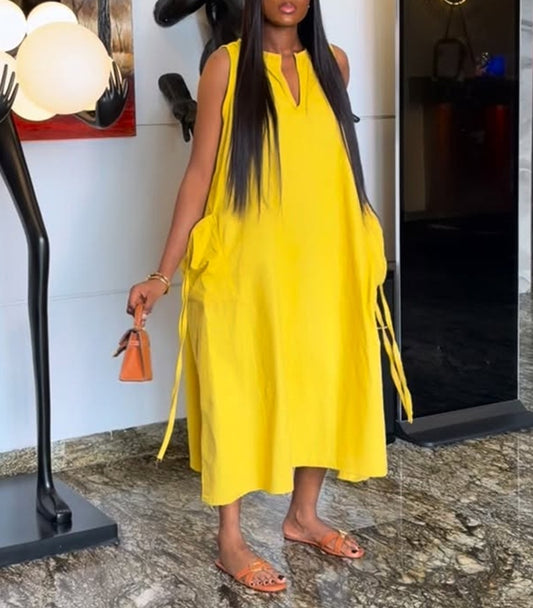 Sunny Linen Notch Neck Relaxed Fit Midi Dress With Side Ties & Pockets
