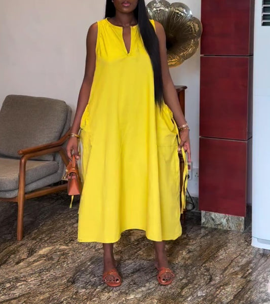 Sunny Linen Notch Neck Relaxed Fit Midi Dress With Side Ties & Pockets