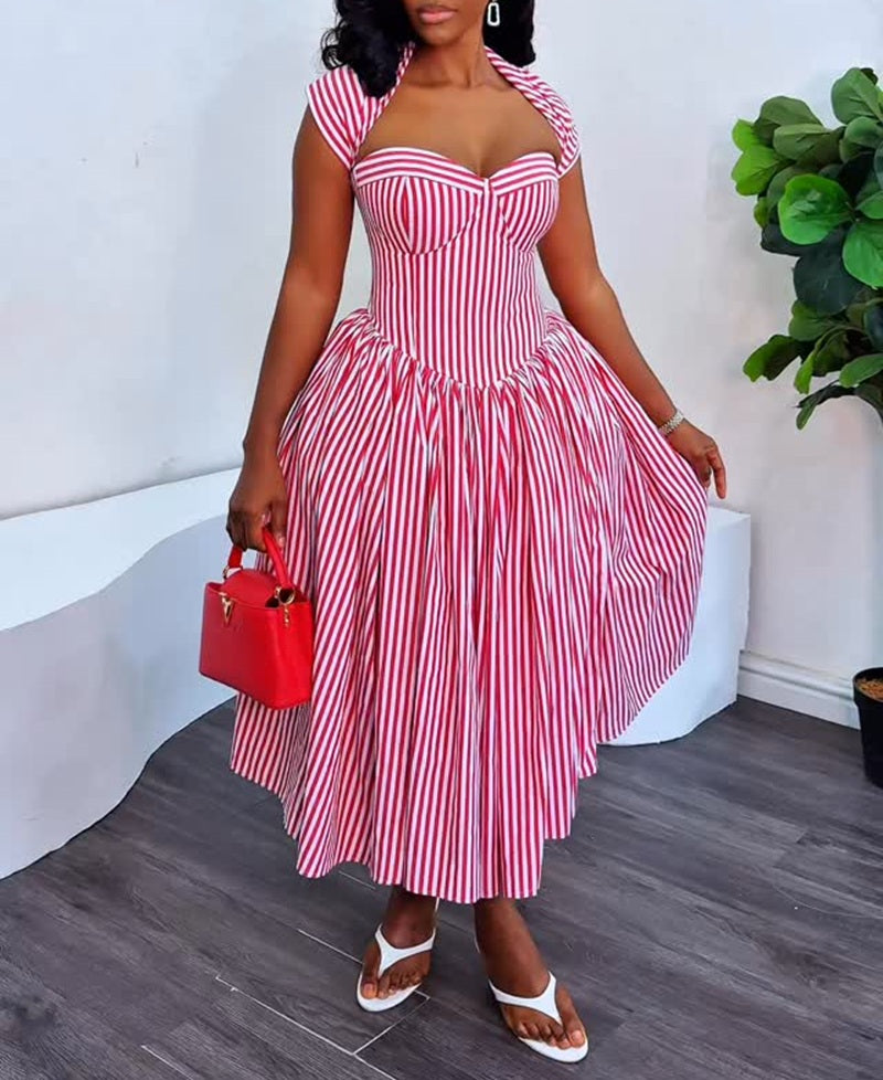 Sweetheart Neck Striped Halter Corset Fit & Flare Midi Dress