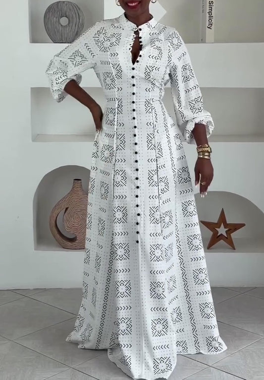Ethnic Geometric Print Button Front Maxi Dress