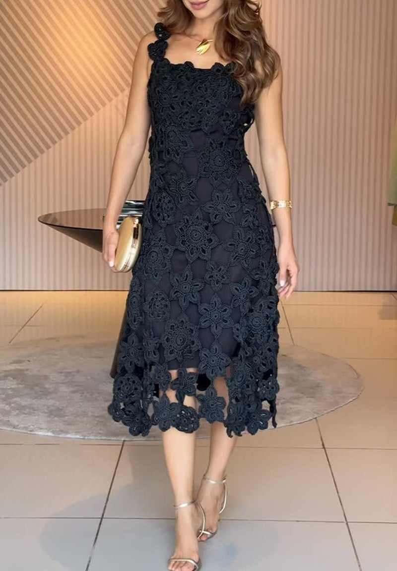 Black 3D Floral Crochet Sleeveless Midi Dress