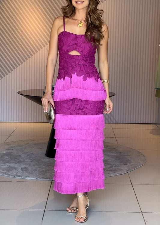 Magenta Lace Cutout Tiered Fringe Midi Dress
