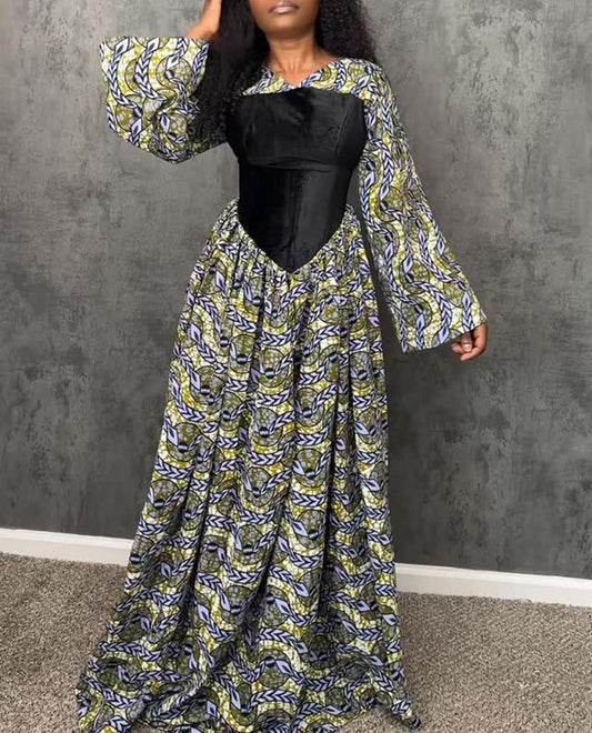 African Print Corset Waist Bell Sleeve Maxi Dress