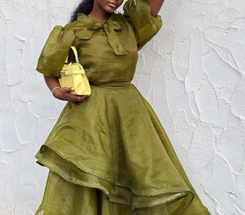 Organza Bow Puff Sleeve Two Piece Layered Skirt Set