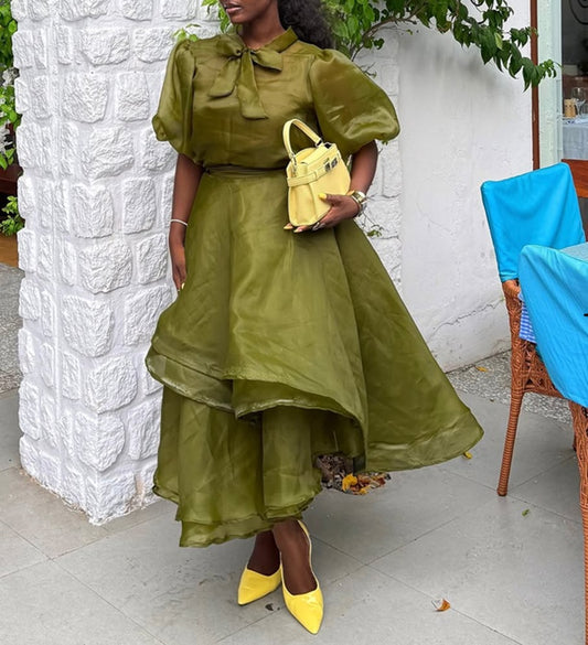 Organza Bow Puff Sleeve Two Piece Layered Skirt Set