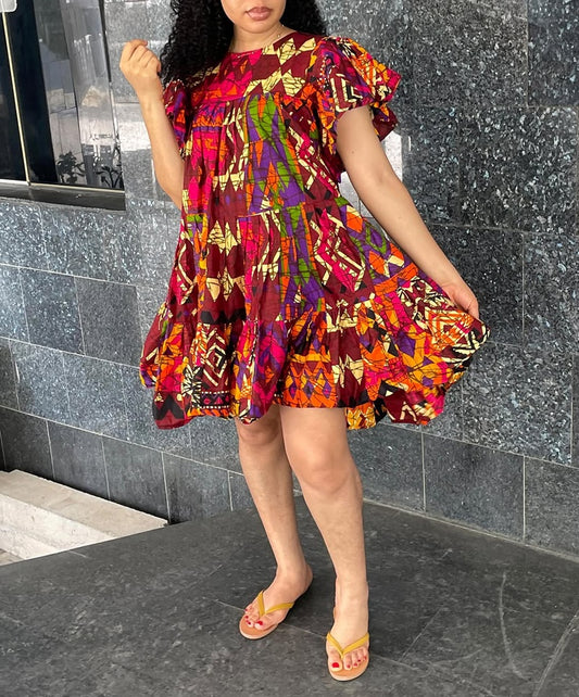 Round Neck Puff Sleeve African Print Casual Mini Dress
