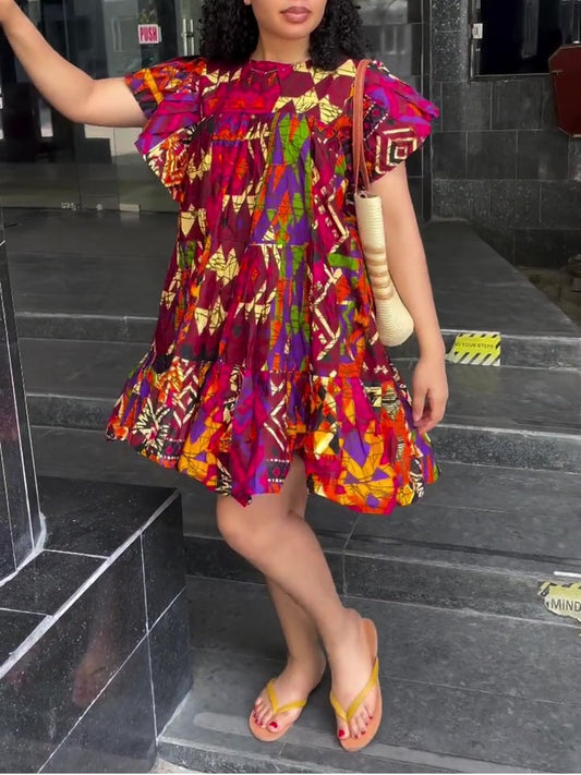 Round Neck Puff Sleeve African Print Casual Mini Dress