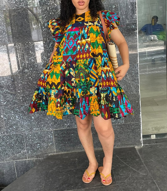 African Print Puff Sleeve Ruffle Mini Dress