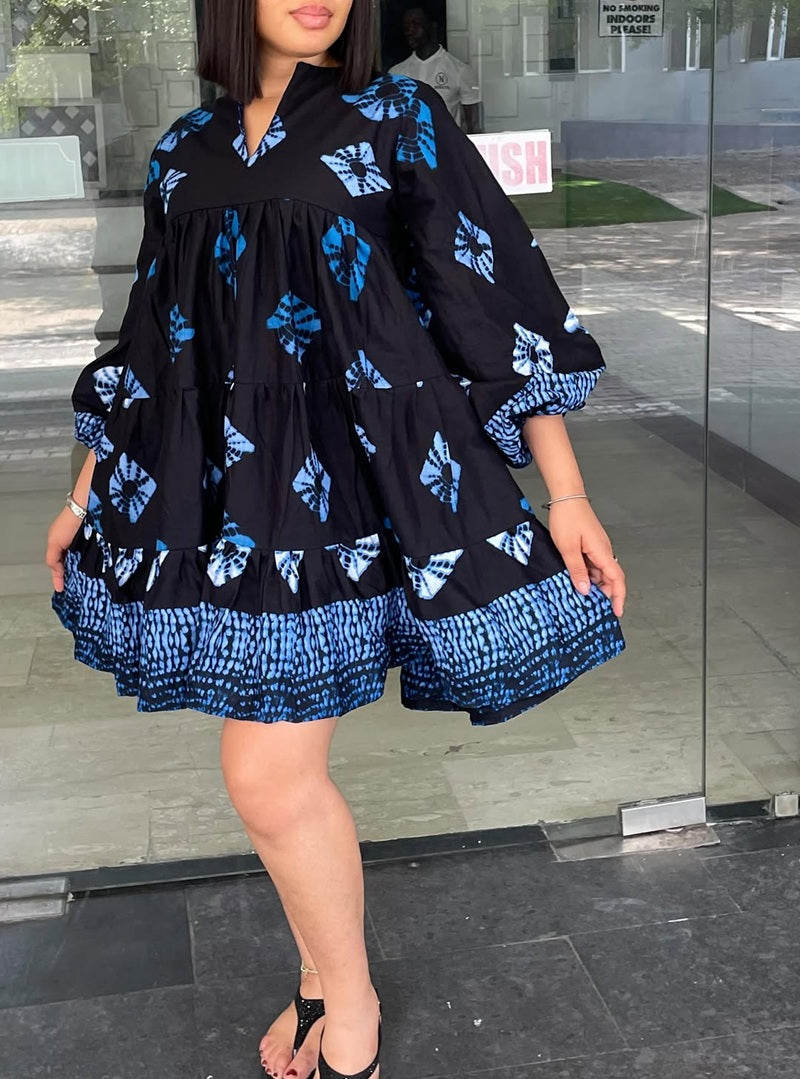 Geometric Print Stand Collar Tiered Swing Dress